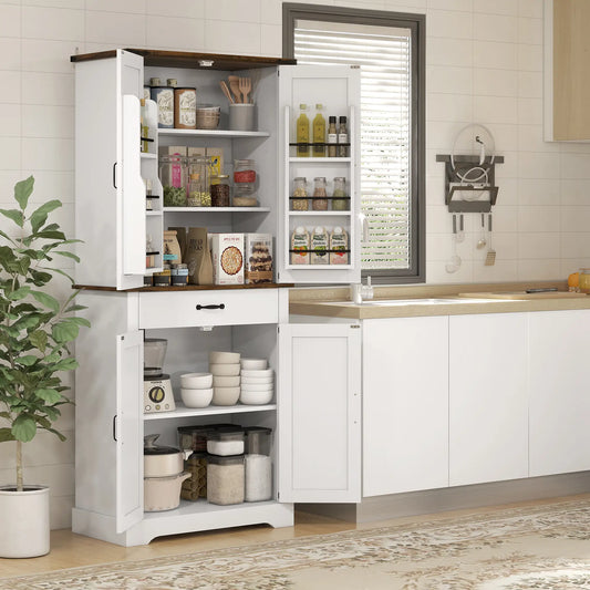 71" Tall Kitchen Cabinet, Farmhouse Pantry with Barn Doors, White Kitchen Pantry Cabinets White, Brown at Gallery Canada