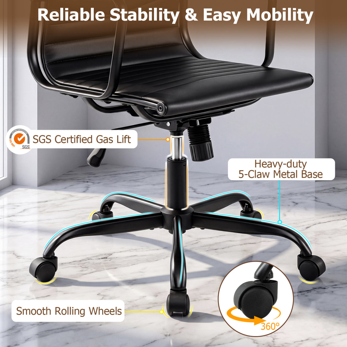Ribbed Office Chair, High Back PU Leather, Adjustable Height, Black Office Chairs at Gallery Canada