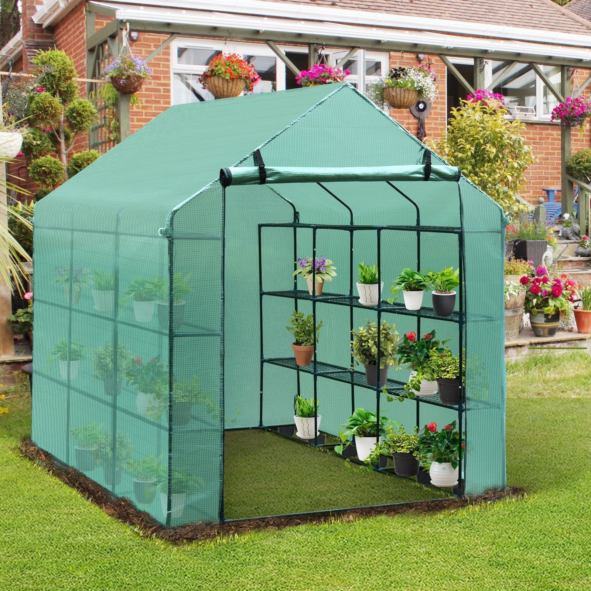 Walk-in Greenhouse Plant Garden Hot House with 3 Tiers 18 Shelves, Roll-Up Zipper Door, Growing Shelter for Flowers, 8' x 6' x 7', Green at Gallery Canada