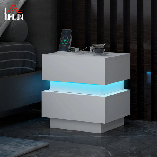 Modern Nightstand with Charging Station, LED Light, USB Ports, White Bedside Tables White at Gallery Canada