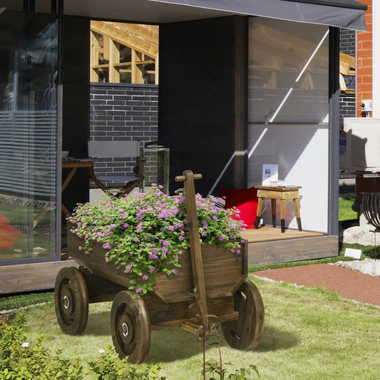 Wooden Raised Garden Bed, Flower Cart With Wheels, Outdoor Planters Wooden Planter Boxes Carbonized Brown at Gallery Canada