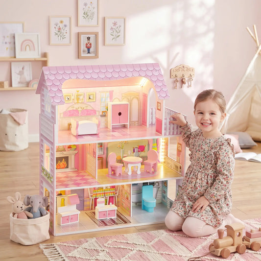3-Story Dollhouse, LED, 6 Rooms, 8 PCS Accessories Play Houses Pink at Gallery Canada