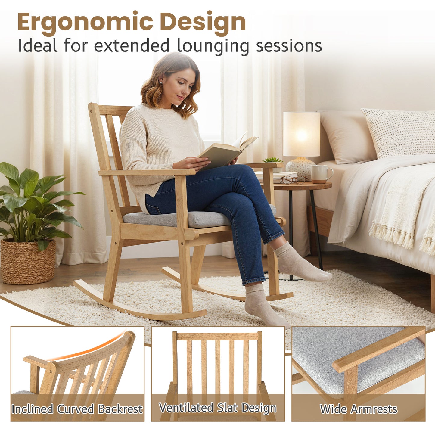 Rocking Chair with Cushion Solid Rubber Wood Rocker with Padded Seat, Natural Accent Chairs at Gallery Canada