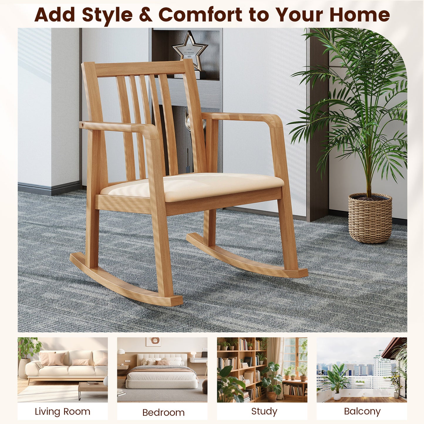 Rocking Chair with Slatted Back and Curved Armrests, Natural Patio Rocking Chairs & Gliders at Gallery Canada