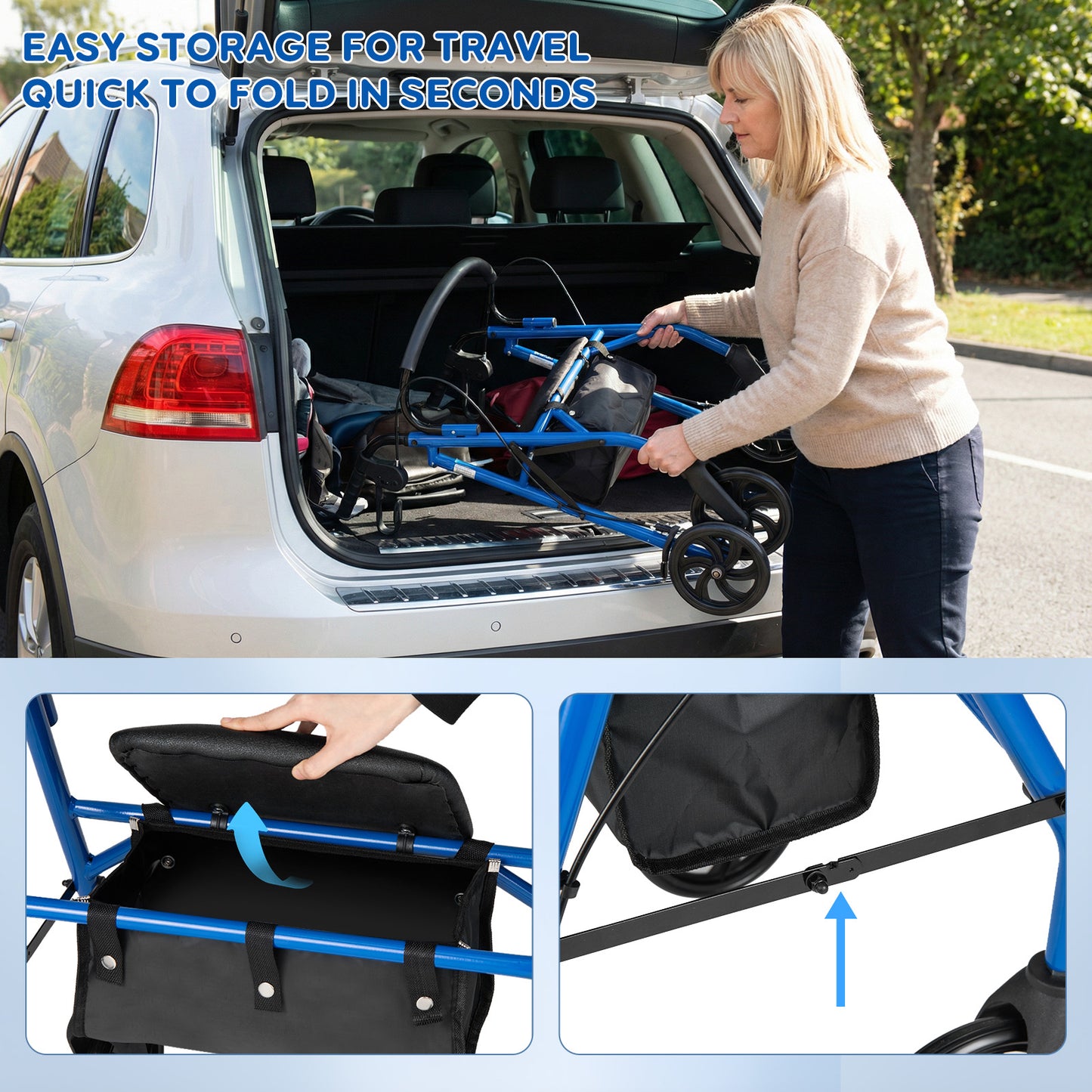Rollator Walker With Seat, Height Adjustable Handles, Blue Walkers & Rollators at Gallery Canada