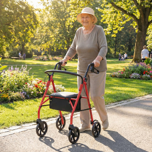 Rollator Walker With Seat, Height Adjustable Handles, Red Walkers & Rollators Red at Gallery Canada