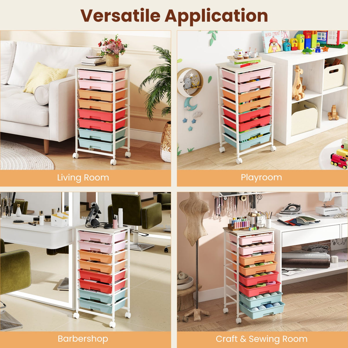 Rolling Cart, 8 Drawers, Wooden Tabletop, Lockable Wheels, Macaron File Cabinets at Gallery Canada