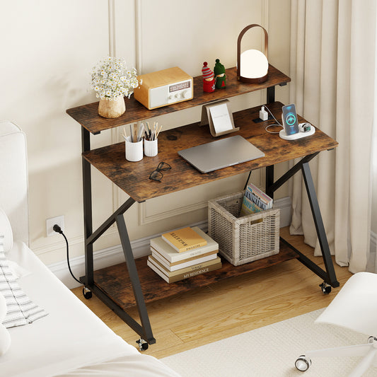 Rolling Computer Desk With Charging Station, Monitor Shelf, Brown Computer Desks Rustic Brown at Gallery Canada