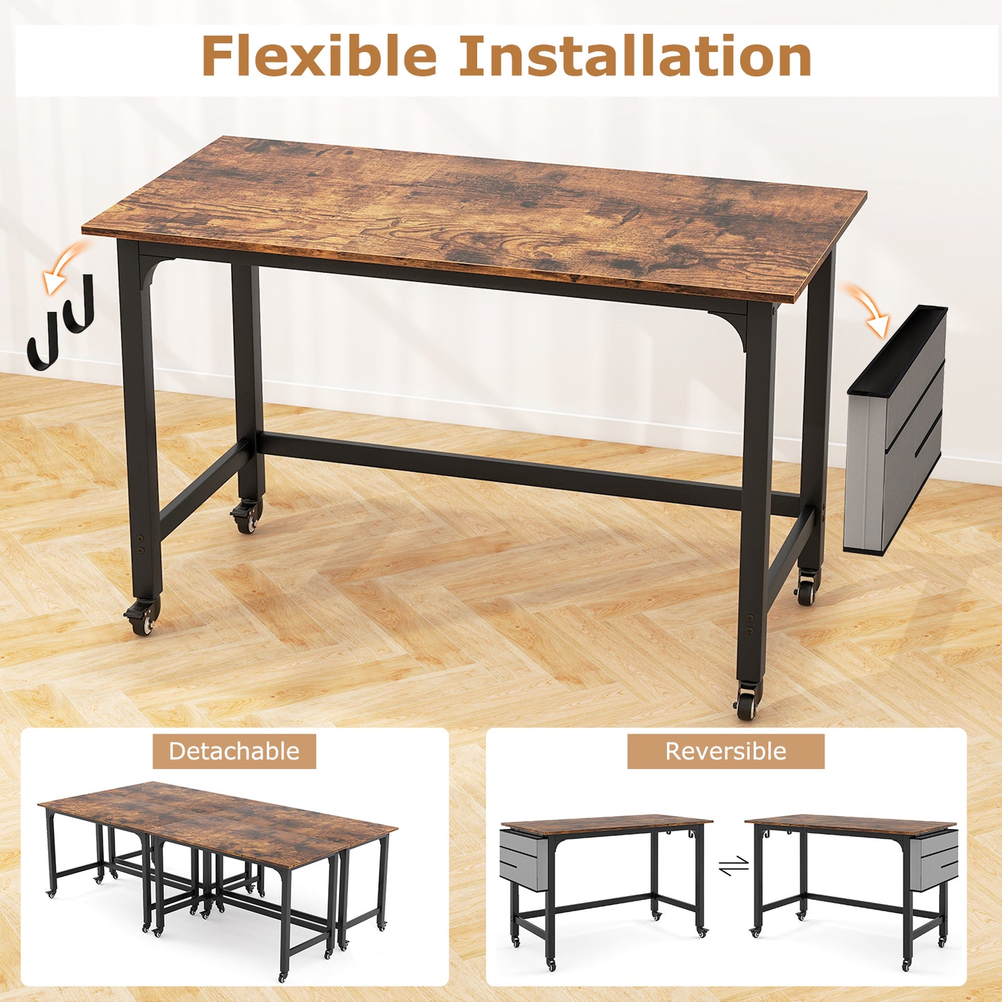 Rolling Computer Desk With Detachable Fabric Bag, Brown Writing Desks at Gallery Canada