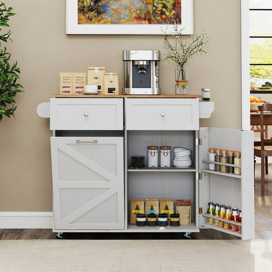 Rolling Kitchen Island with Trash Can Cabinet and Rubber Universal Wheels-Grey, Gray Kitchen Islands & Carts Gray at Gallery Canada