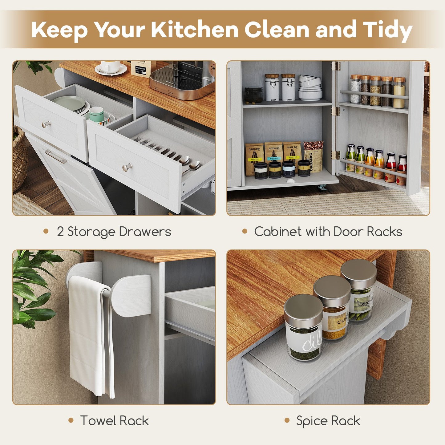 Rolling Kitchen Island with Trash Can Cabinet and Rubber Universal Wheels-Grey, Gray Kitchen Islands & Carts at Gallery Canada