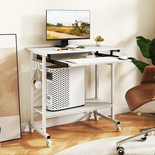 Rolling Laptop Table with Pull-out Keyboard Tray and Hooks, White Laptop Tables & Printer Stands White at Gallery Canada