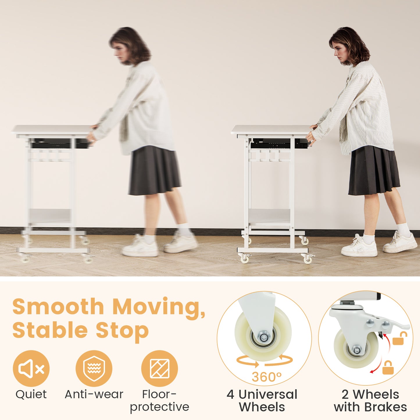 Rolling Laptop Table with Pull-out Keyboard Tray and Hooks, White Laptop Tables & Printer Stands at Gallery Canada
