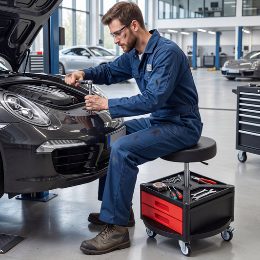 Rolling Mechanic Stool with Cushioned Seat & Dual Tool Trays 330 Lbs, Red Garages Red at Gallery Canada