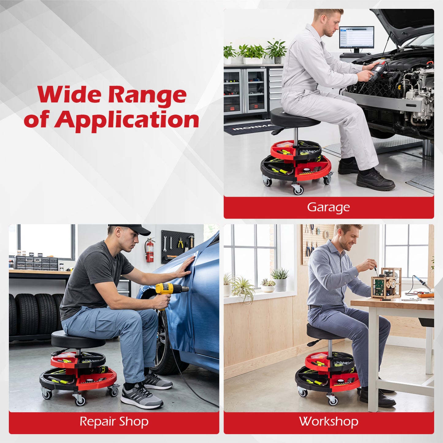 Rolling Mechanic Stool, Cushioned Seat, 5 Wheels, 330 Lbs, Red