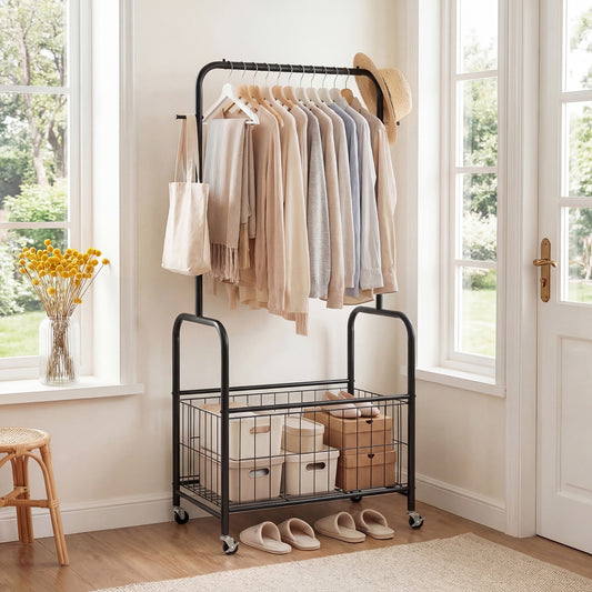 Rolling Metal Clothes Rack With Hanging Rod And Storage Basket, Black Clothing & Closet Storage Black at Gallery Canada