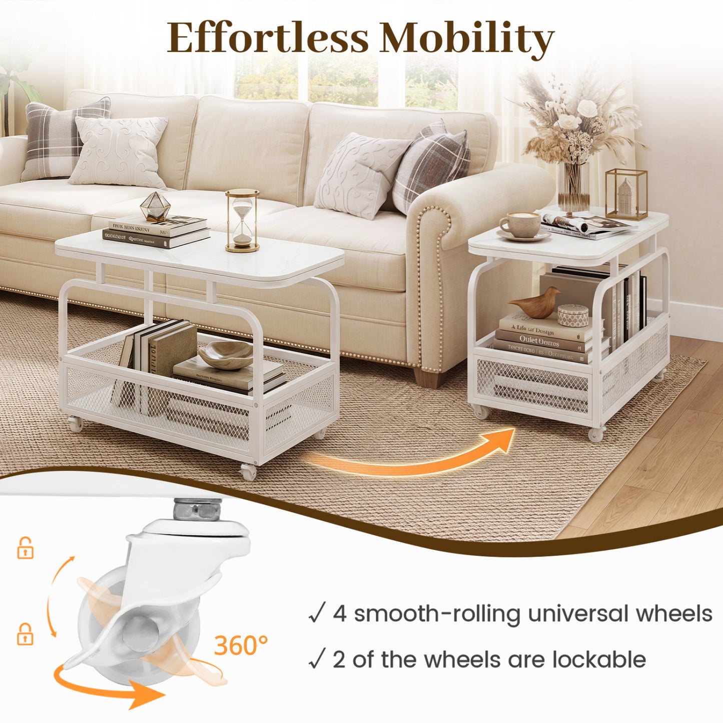Rolling Side Table, 2-Tier Narrow End Table with Mesh Basket, White
