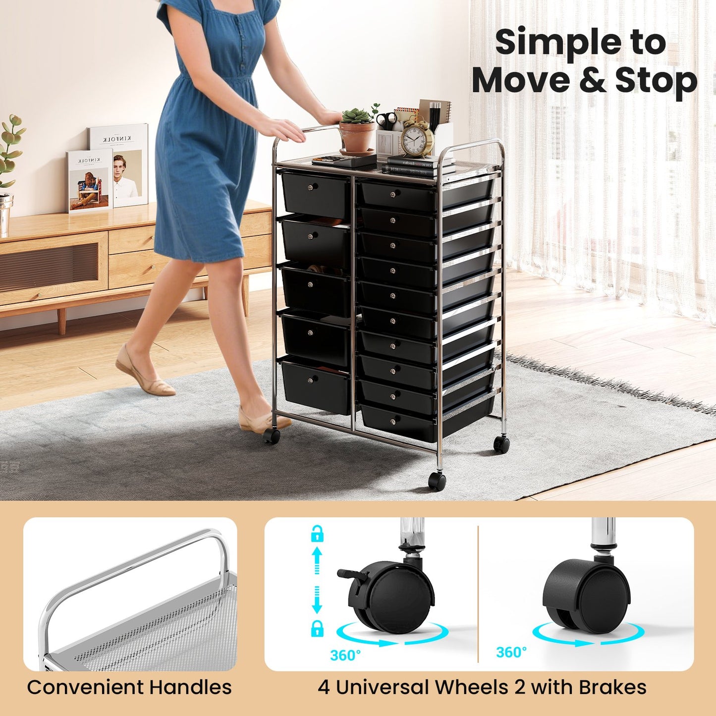 Rolling Storage Cart 15-Drawer Trolley with Chrome Plated Metal Frame, Black File Cabinets at Gallery Canada