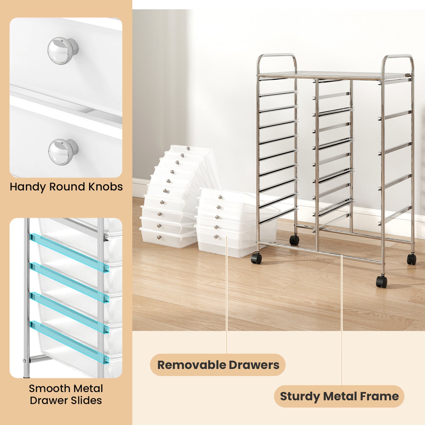Rolling Storage Cart 15-Drawer Trolley with Chrome Plated Metal Frame, Transparent File Cabinets at Gallery Canada