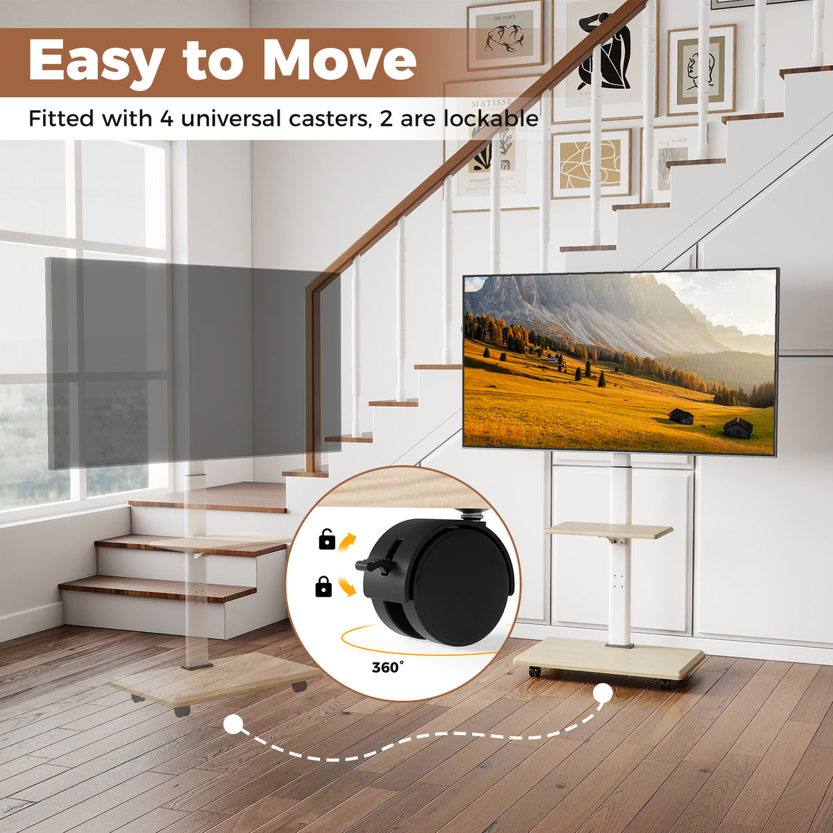 Rolling TV Stand on Wheels Mobile TV Cart for 32-75 Inch TVs Portable AV Cart, Natural Entertainment Centers & TV Stands at Gallery Canada