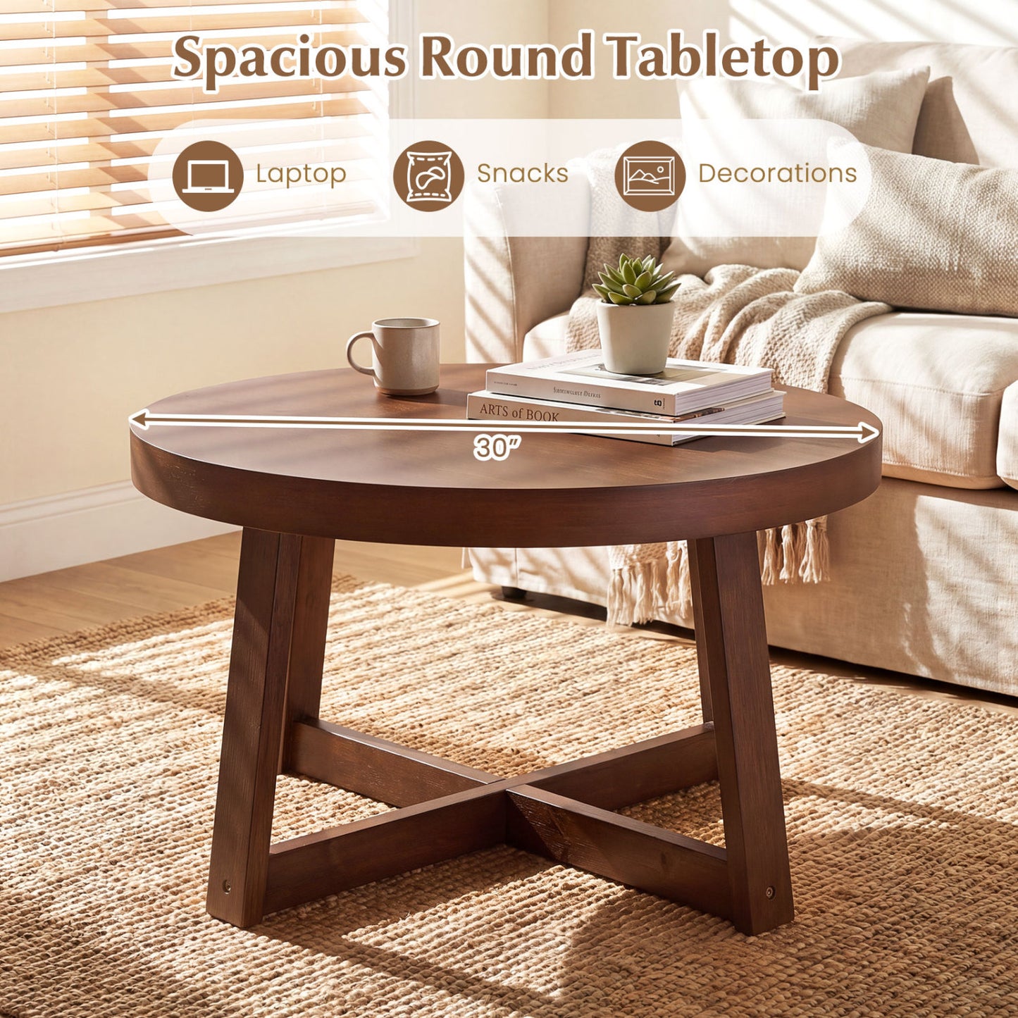Round Coffee Table 30" Farmhouse Accent Table, Walnut