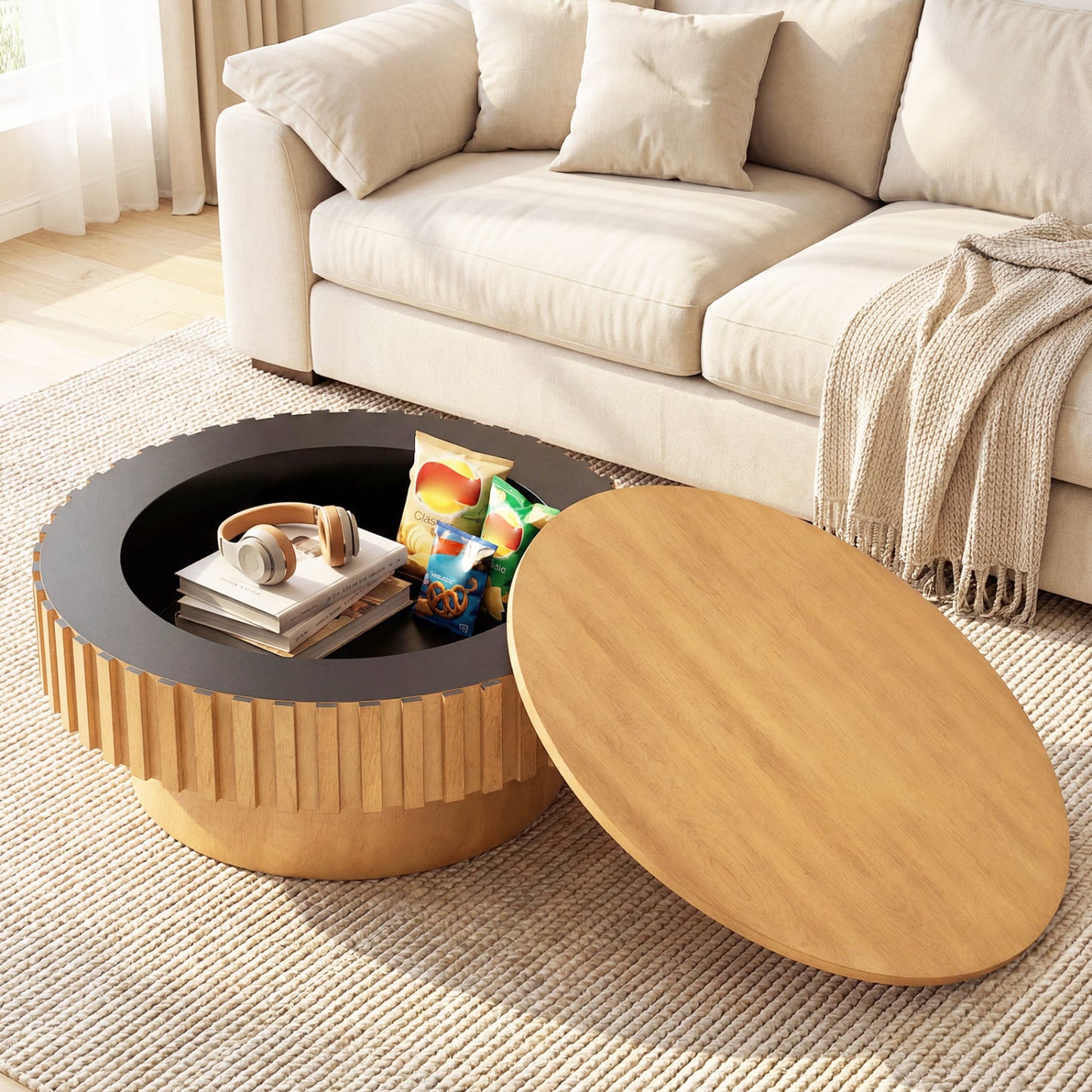 Round Wooden Drum Coffee Table With Storage, Natural Coffee Tables at Gallery Canada