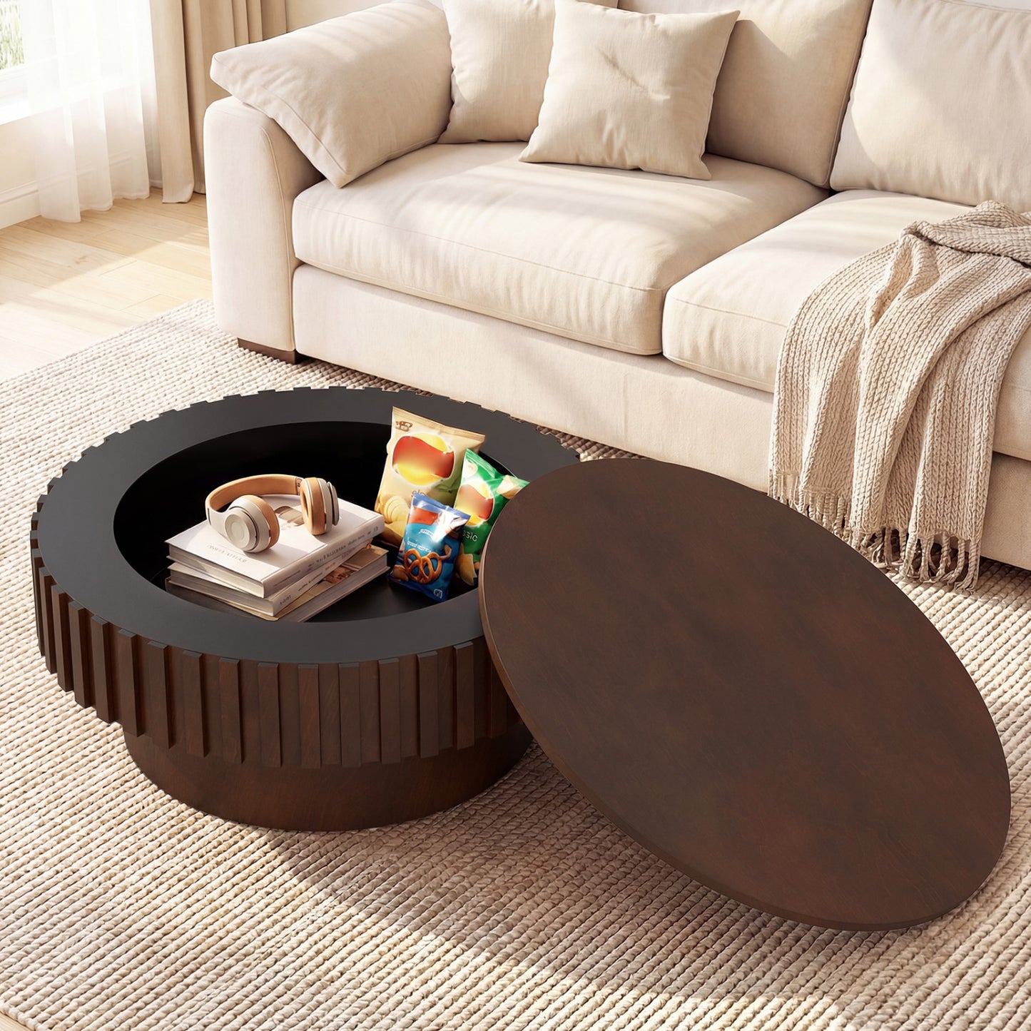 Round Wooden Drum Coffee Table With Storage, Hidden Compartment, Walnut Coffee Tables at Gallery Canada