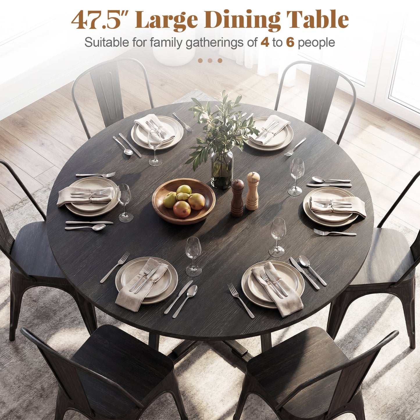 Round Dining Table For 4-6, With Storage Shelf And Metal Legs, Black