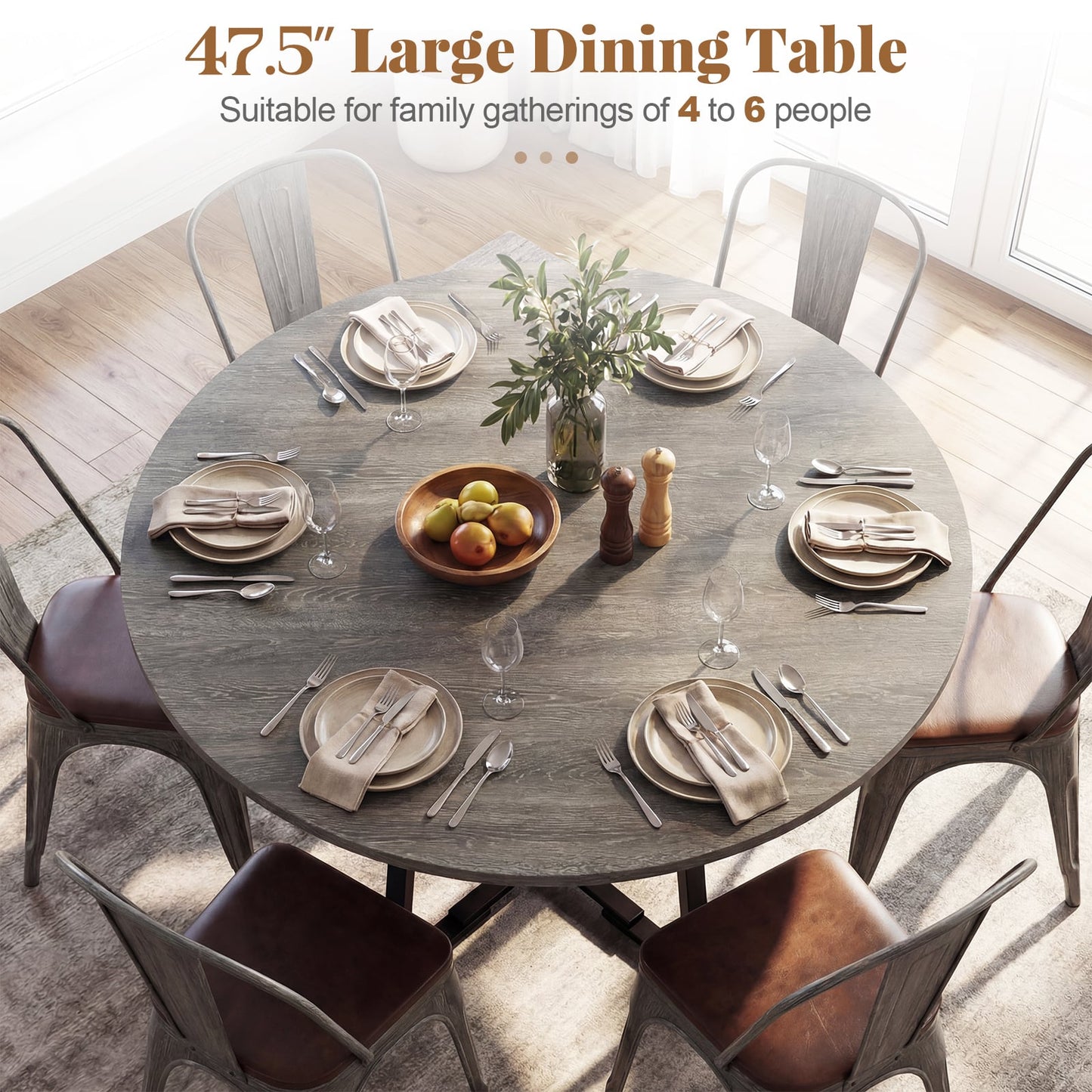 Round Dining Table For 4-6, With Storage Shelf And Metal Legs, Gray