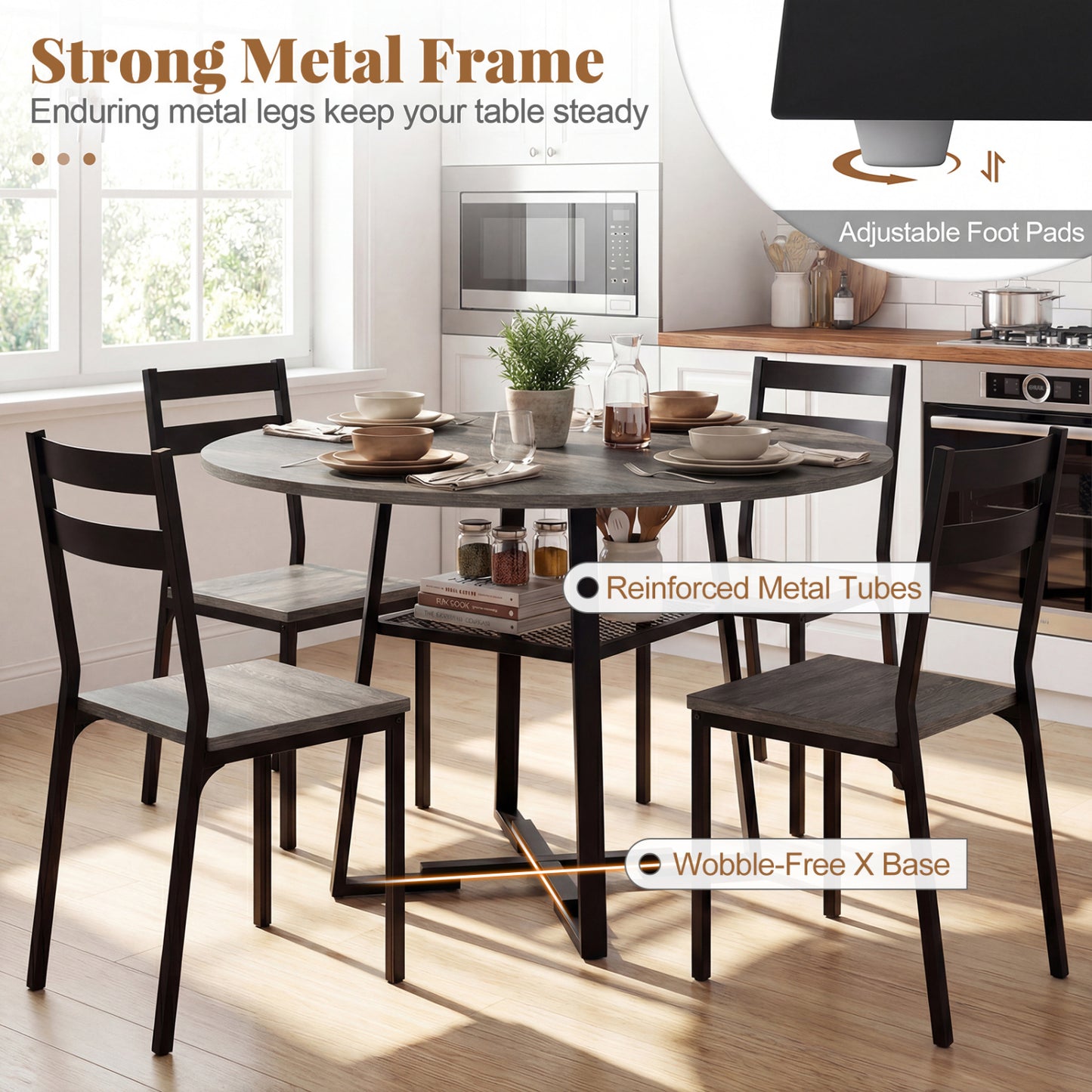 Round Dining Table For 4-6, With Storage Shelf And Metal Legs, Gray Dining Tables at Gallery Canada
