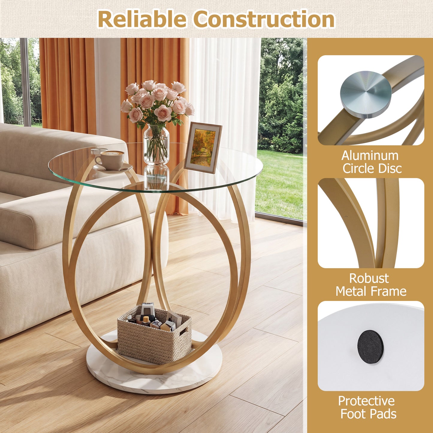 Round End Table, Faux Marble Side Table, Tempered Glass Top, Gold End & Side Tables at Gallery Canada