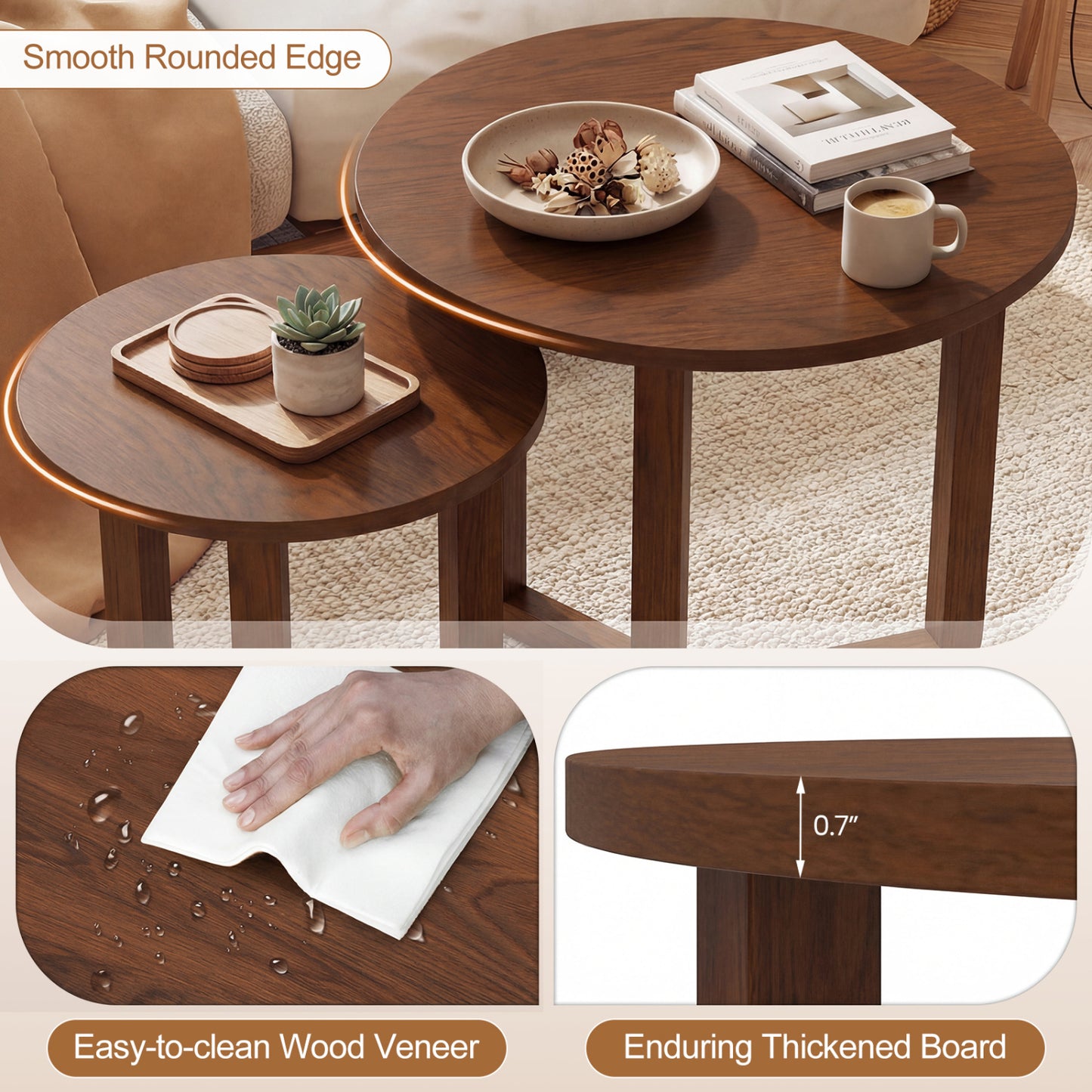Round Nesting Coffee Table Set, 2 Wood End Tables, Thickened Top, Walnut Coffee Tables at Gallery Canada