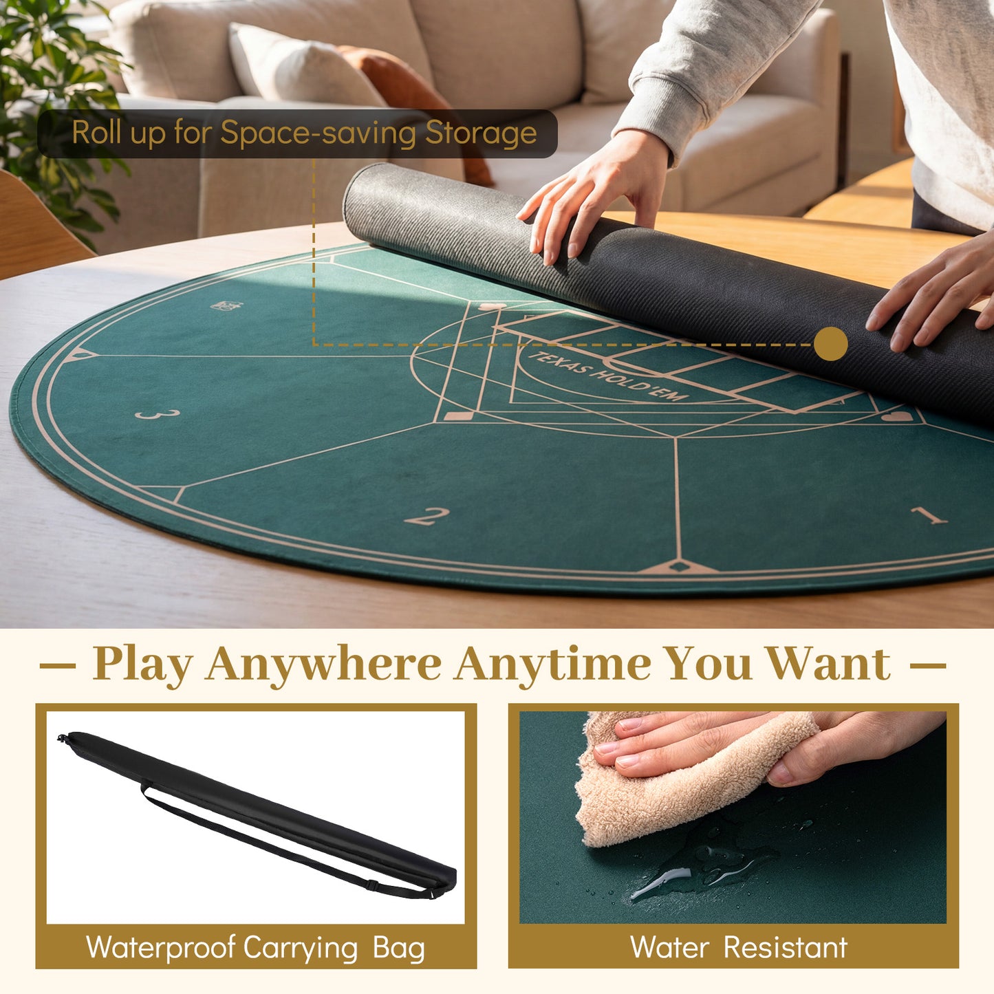 Round Poker Mat, 47", With Carrying Bag For 8 Players, Green