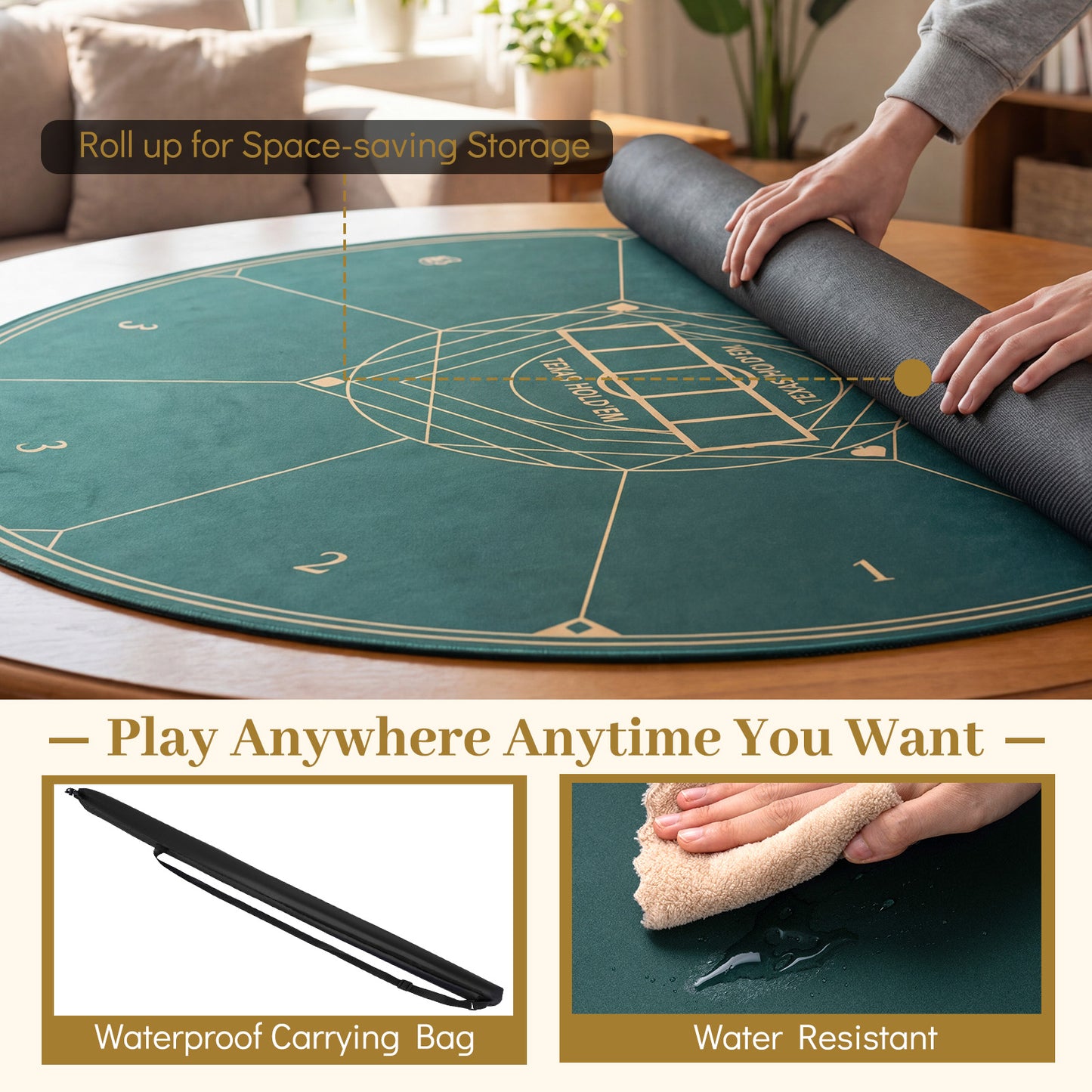 Round Poker Mat, 55 Inch, Portable Foldable Anti-Slip, Green Game Room at Gallery Canada