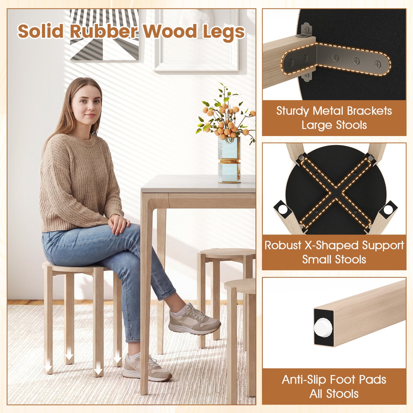 Round Wood Nesting Stools With Locking Casters, Natural Dining Chairs at Gallery Canada