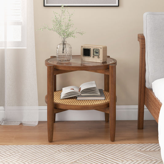 Round Rattan Side End Table with Tempered Glass Tabletop, Walnut End & Side Tables Walnut at Gallery Canada