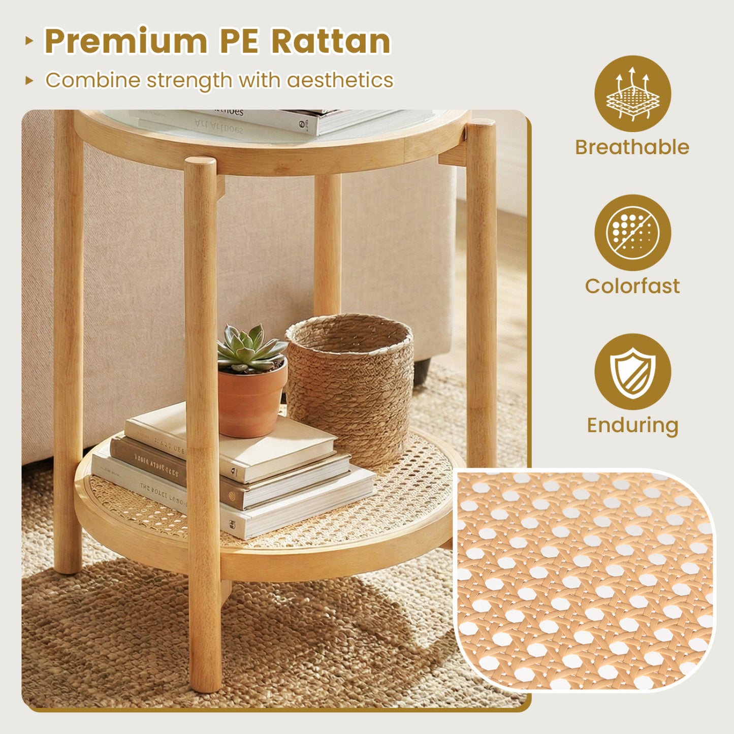 Round 2-Tier Boho End Table, Glass Top, Natural End & Side Tables at Gallery Canada