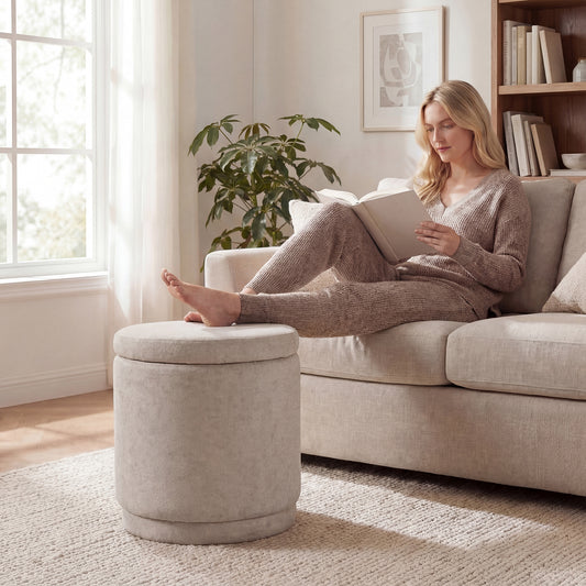 Round Storage Ottoman Foot Rest, Removable Lid, Acacia Wood Frame, Beige Ottomans Beige at Gallery Canada