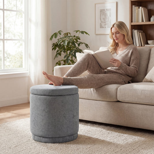 Round Storage Ottoman, Removable Lid, Acacia Wood Frame, Gray Ottomans Gray at Gallery Canada