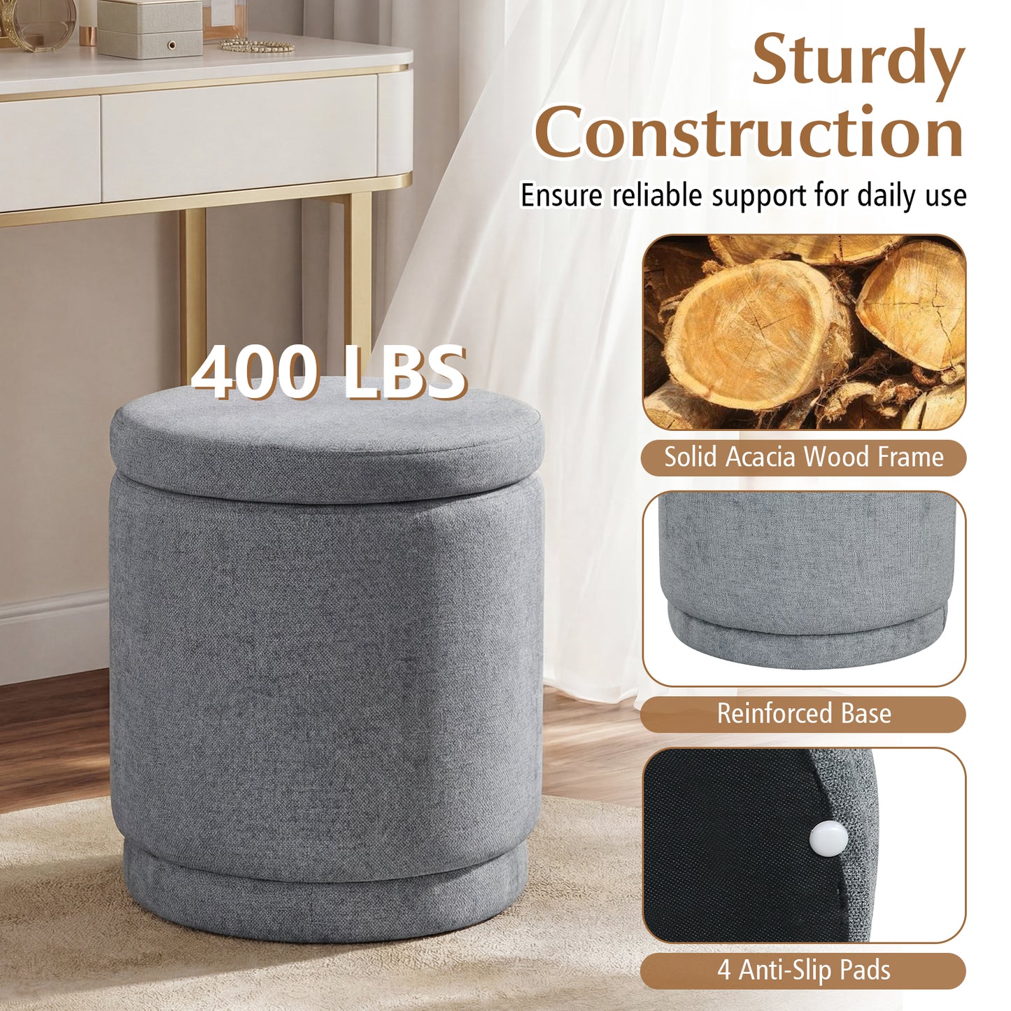 Round Storage Ottoman, Removable Lid, Acacia Wood Frame, Gray Ottomans at Gallery Canada