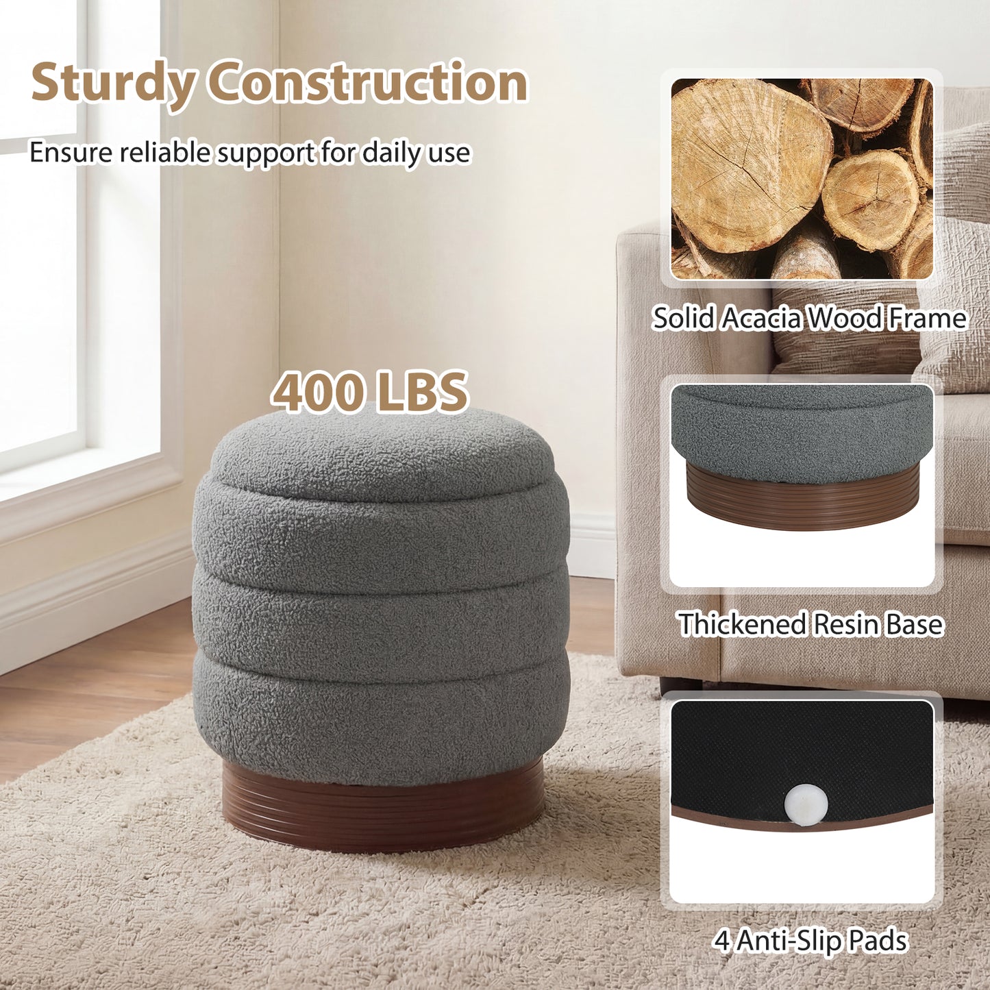 Round Storage Ottoman, Acacia Wood Frame, Gray Ottomans at Gallery Canada