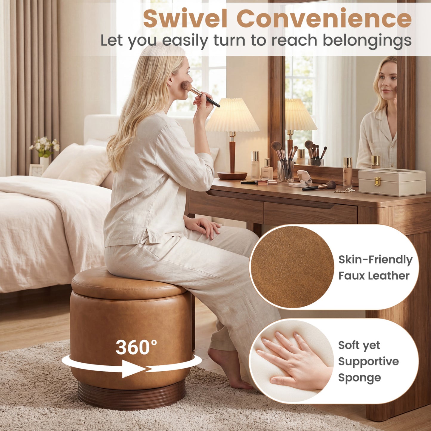Round Storage Ottoman, Acacia Wood Frame, Brown Ottomans at Gallery Canada