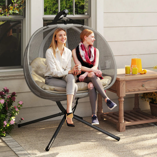 Double Egg Chair with Stand, 2 Person Hanging Swing, Khaki Patio Swings with Stand Brown, Khaki, Black at Gallery Canada