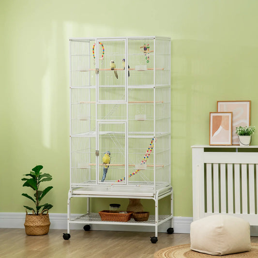 71" Bird Cage With Wheels, Perches, Ramp, Storage Shelf, Toys, White