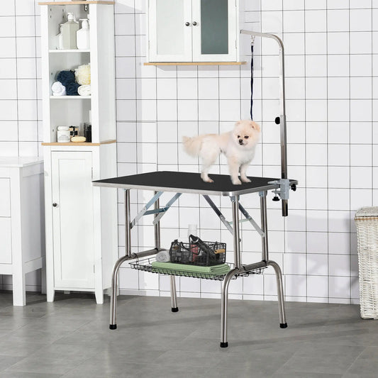 36-Inch Dog Grooming Table, Stainless Steel, Adjustable Arm, Basket Dog Grooming Tables Black, Silver at Gallery Canada