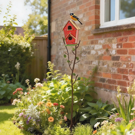 57" Outdoor Bird House With Pole, Metal, Double-Hole, Red Birds Red, Green at Gallery Canada