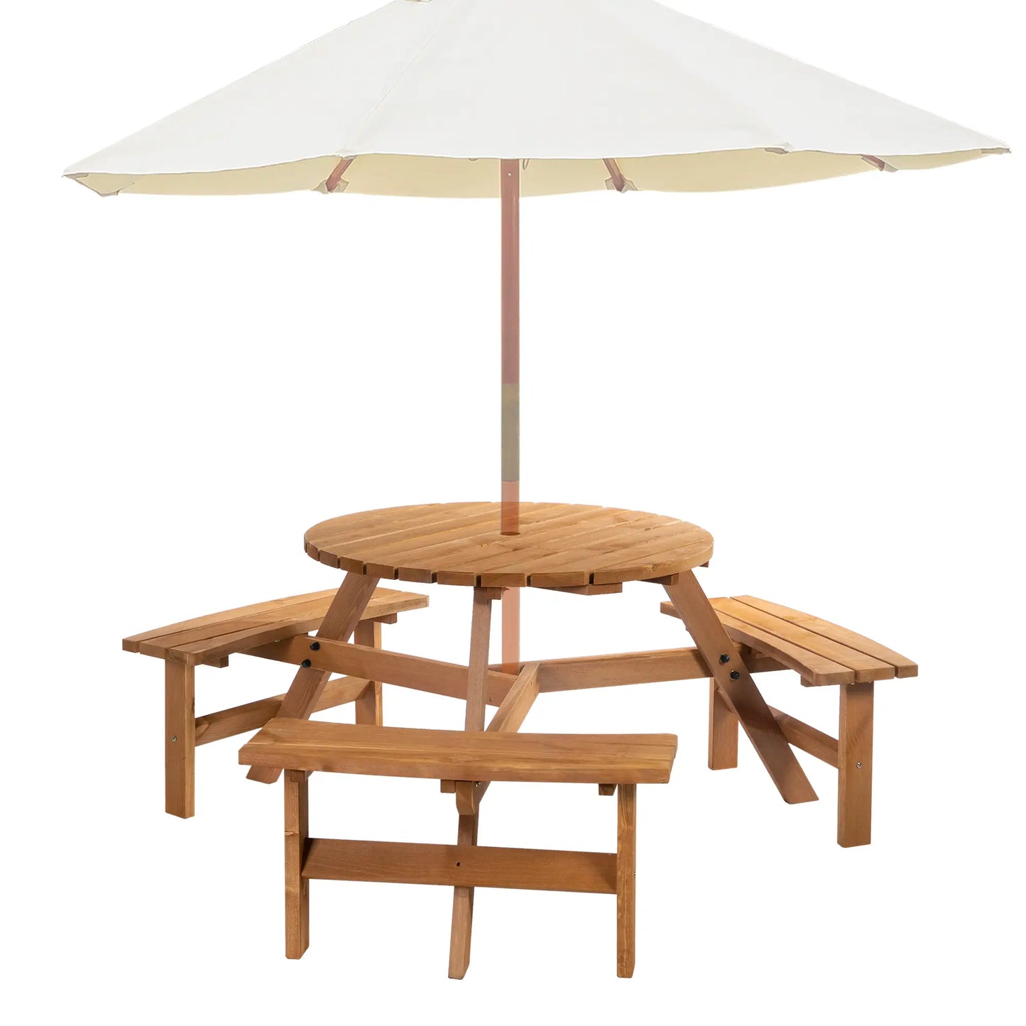 6 Person Round Picnic Table, Wood Patio Set with Umbrella Hole, Brown