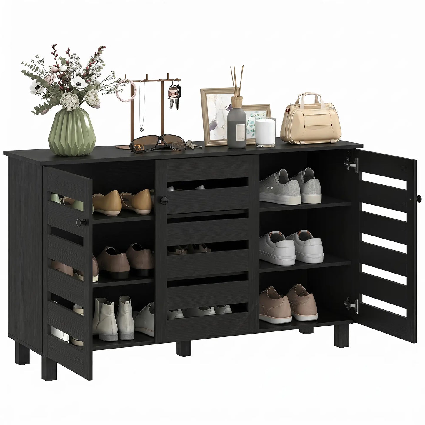 Shoe Cabinet, 3 Slatted Doors, 3-Tier, Adjustable Shelves, 15 Pairs, Black