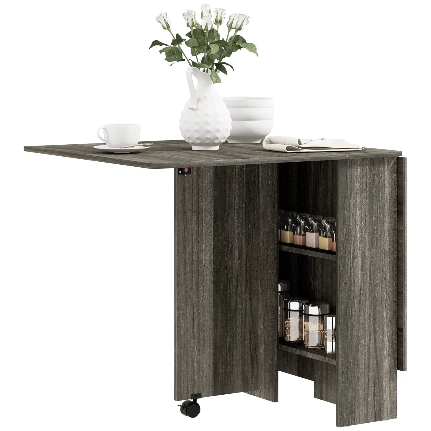 Extendable Dining Table, Collapsible w/ Shelves, Grey Wood Grain, Grey Dining Tables at Gallery Canada