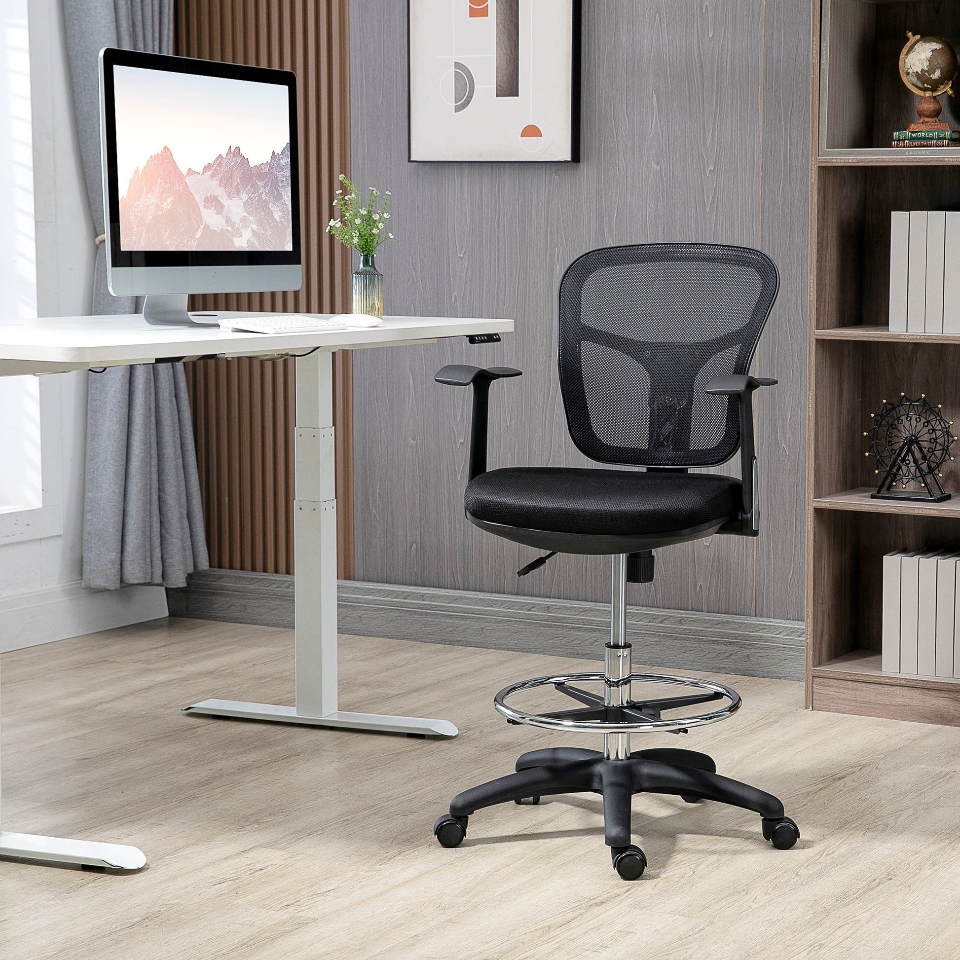 Tall Office Chair, Drafting Chair with Swivel Wheels, Adjustable Height and Footrest Ring, Black at Gallery Canada